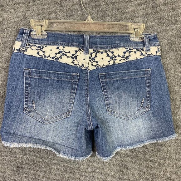 Inc Denim Regular Fit Shorts Women Size 0 Raw Hem Distressed Crochet Lace Detail - Picture 5 of 8